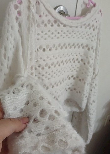 Beyaz Örgü Bohem Kadın Kazak - Görsel 2