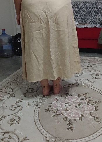 Bej Düğmeli Midi Keten Etek - Görsel 2