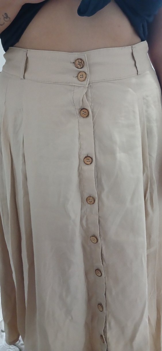 Bej Düğmeli Midi Keten Etek - Görsel 3