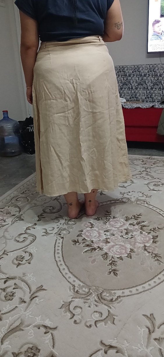 Bej Düğmeli Midi Keten Etek - Görsel 2