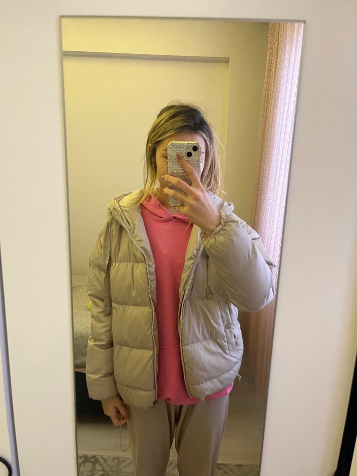 Gri Kapüşonlu Puff Mont - Görsel 5