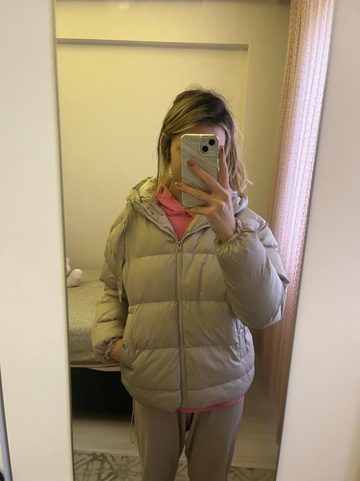 Gri Kapüşonlu Puff Mont - Görsel 4