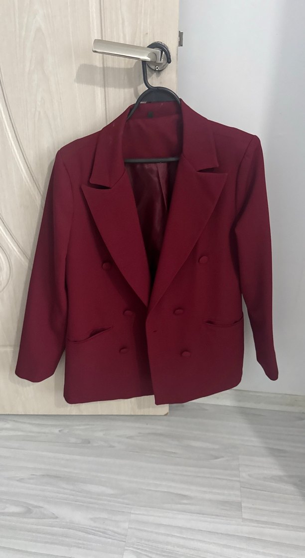 Bordo Kadın Düğmeli Midi Blazer Ceket - Görsel 2