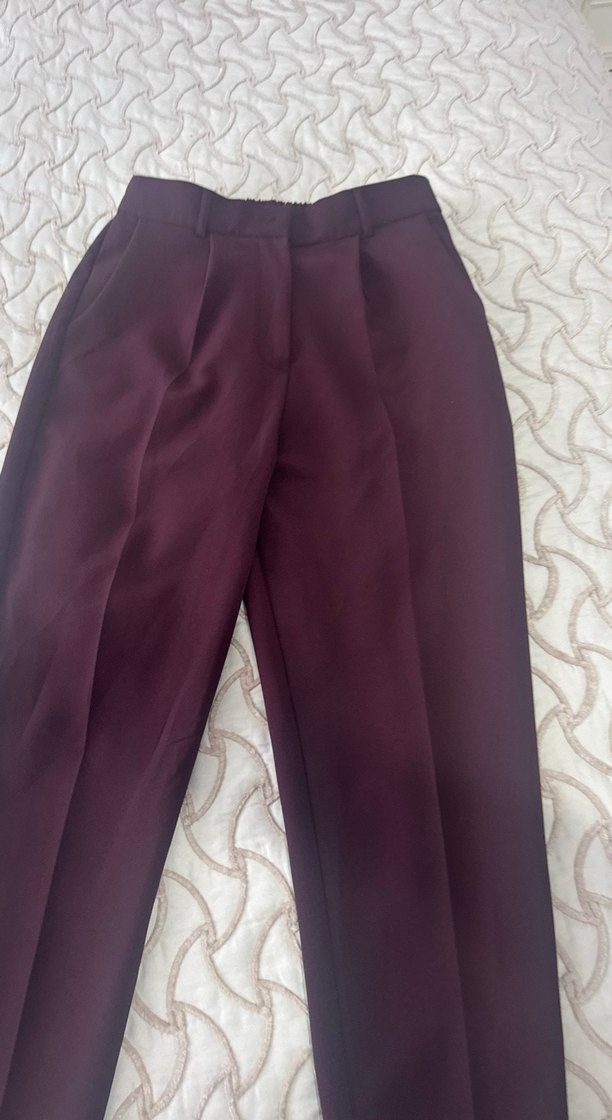 Bordo Pilili Kadın Kumaş Pantolon - Görsel 2