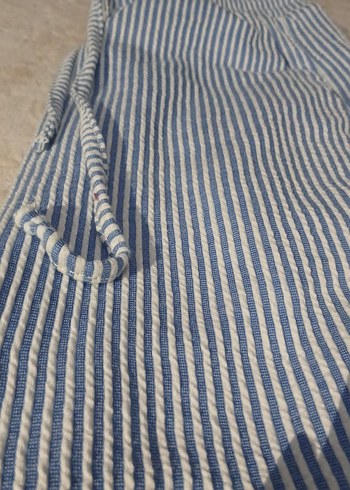 Mavi Beyaz Çizgili Kadın Keten Pantolon - Görsel 2
