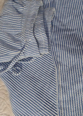 Mavi Beyaz Çizgili Kadın Keten Pantolon - Görsel 3