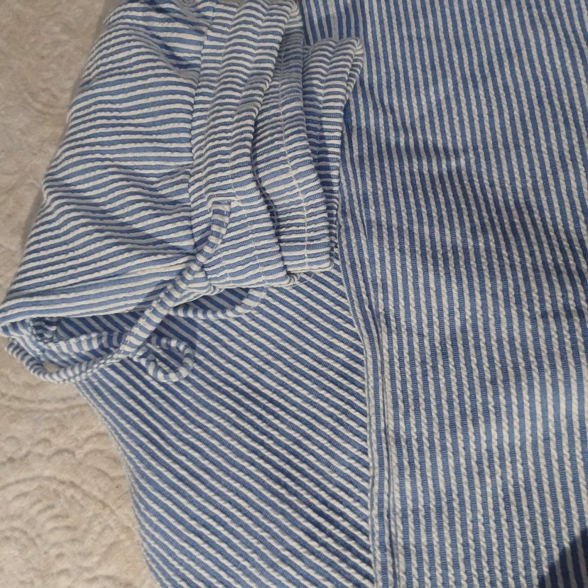 Mavi Beyaz Çizgili Kadın Keten Pantolon - Görsel 3