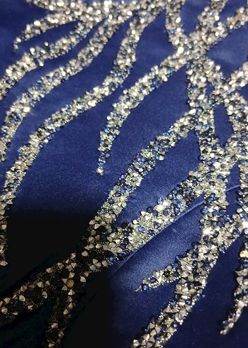 Mavi Uzun Kollu İşlemeli Abiye Elbise - Görsel 2