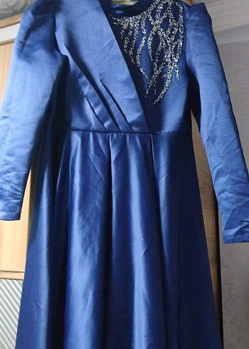 Mavi Uzun Kollu İşlemeli Abiye Elbise - Görsel 3