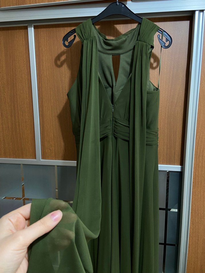Koyu Haki Drapeli Uzun Abiye Elbise - Görsel 3