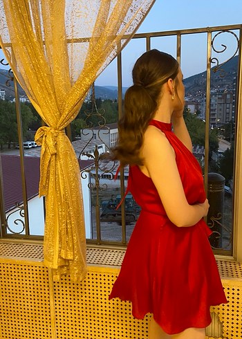 Kadın Kırmızı Drapeli Midi Abiye Elbise - Görsel 2