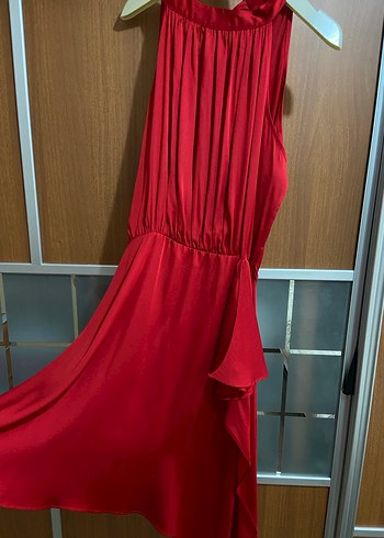 Kadın Kırmızı Drapeli Midi Abiye Elbise - Görsel 3