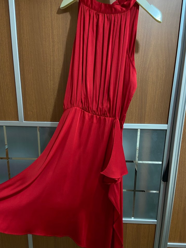 Kadın Kırmızı Drapeli Midi Abiye Elbise - Görsel 3