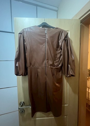 Kahverengi Deri Midi Elbise - Görsel 2