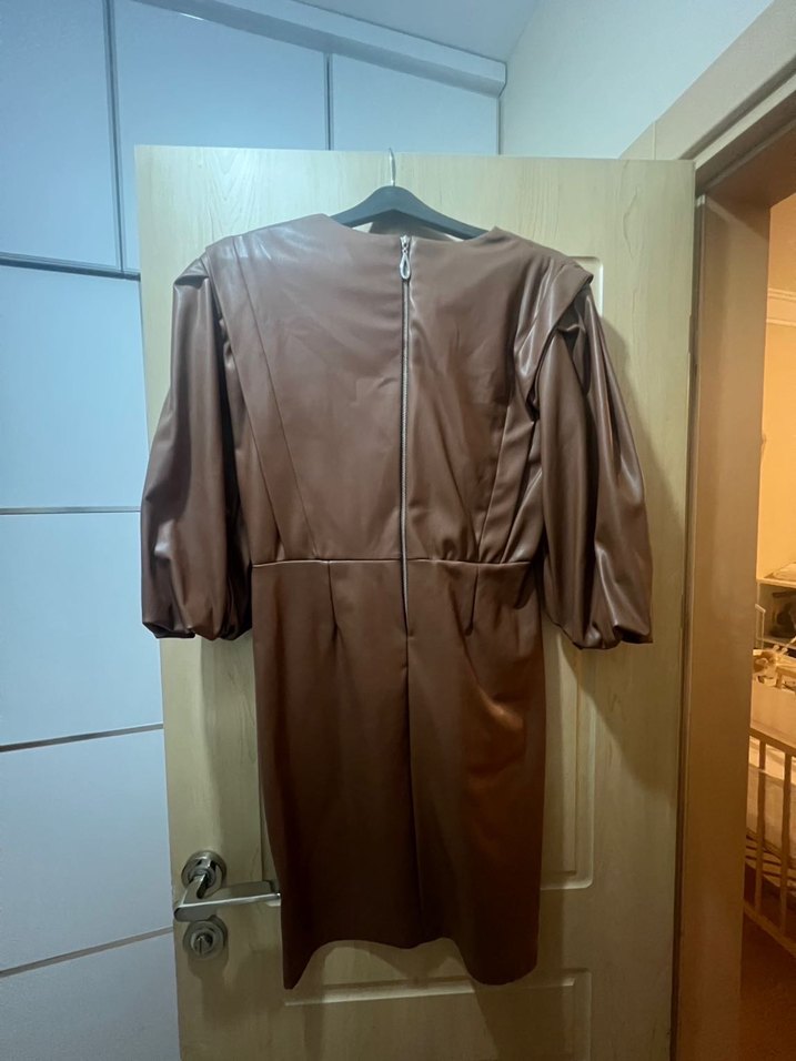 Kahverengi Deri Midi Elbise - Görsel 2