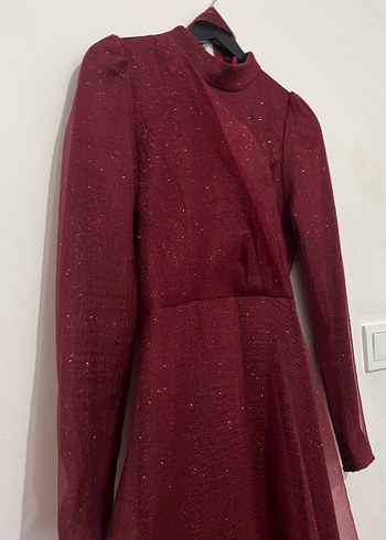 Bordo Uzun Kollu Drapeli Kadın Abiye - Görsel 2