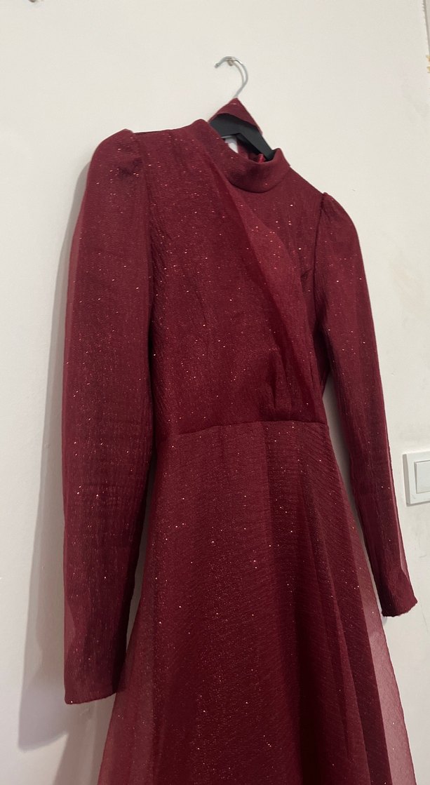 Bordo Uzun Kollu Drapeli Kadın Abiye - Görsel 2