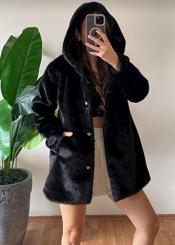 Siyah Midi Boy Suni Kürk Kadın Mont, Kürk Kaban - Görsel 3