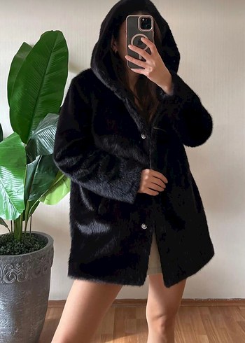 Siyah Midi Boy Suni Kürk Kadın Mont, Kürk Kaban - Görsel 2