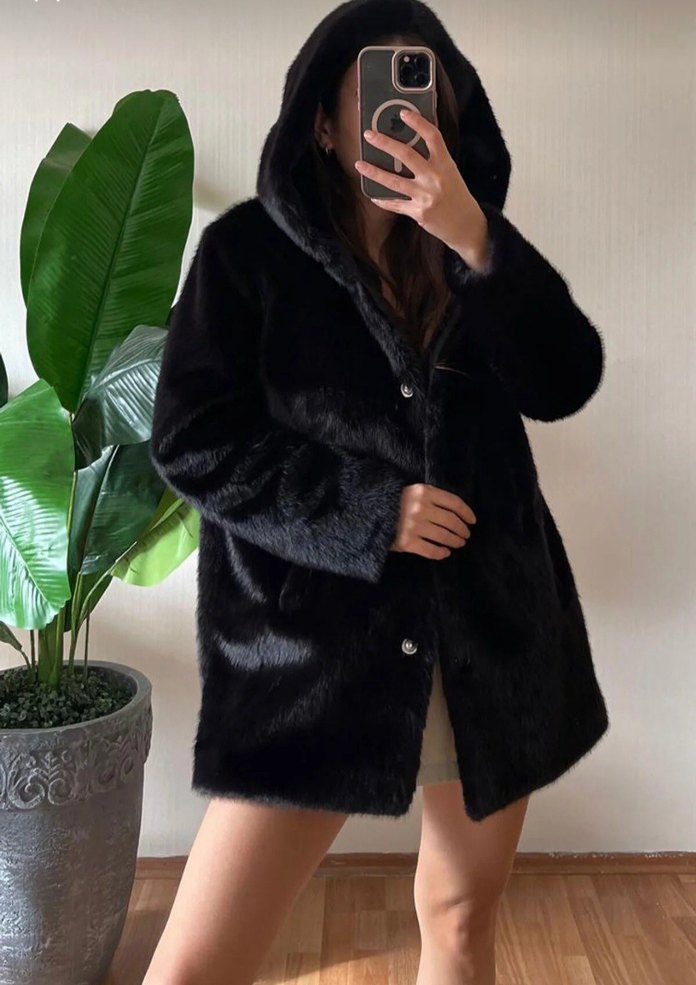 Siyah Midi Boy Suni Kürk Kadın Mont, Kürk Kaban - Görsel 2