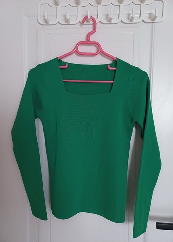 Canlı yeşil, kare yaka, triko bluz - Görsel 2