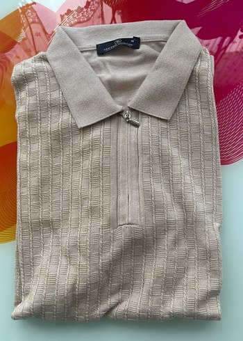 Bej Örgülü Kısa Kollu Polo Tişört - Görsel 2