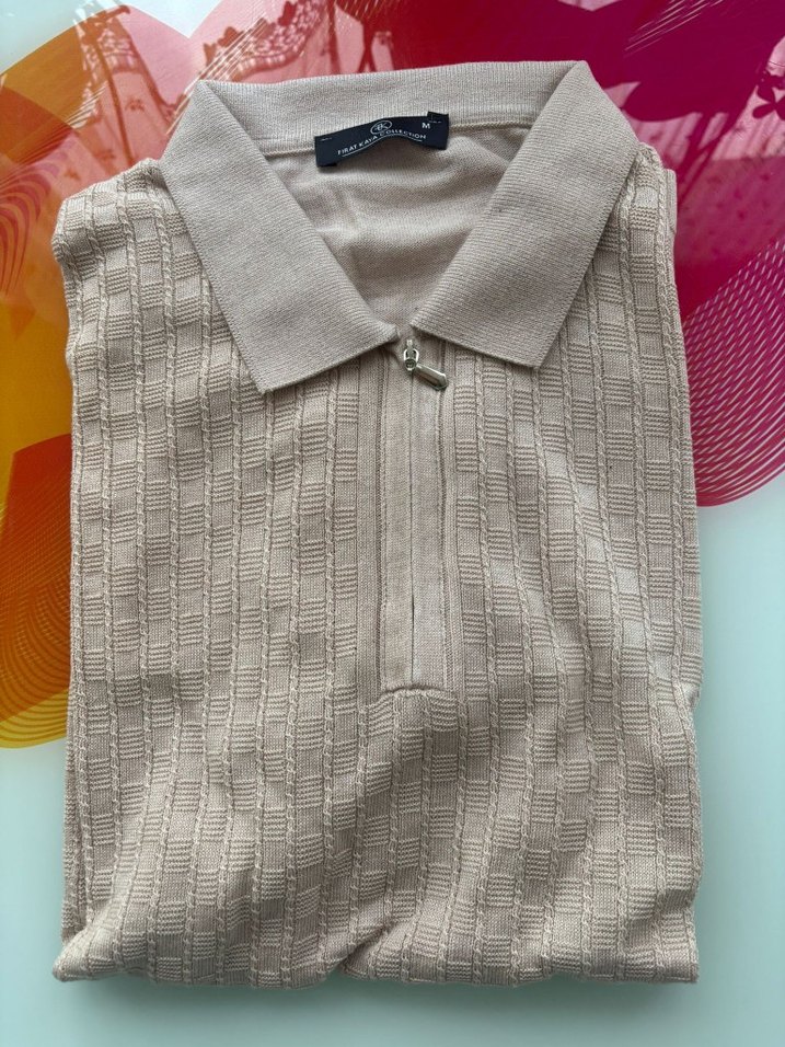 Bej Örgülü Kısa Kollu Polo Tişört - Görsel 2