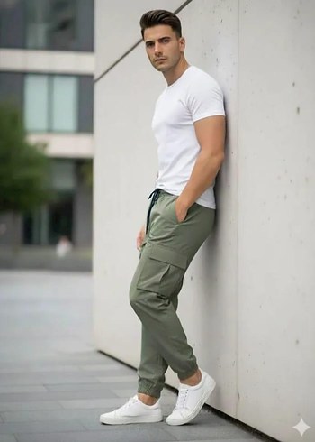 Erkek yeşil Kamuflaj Rahat Kesim Kargo Pantolon - Görsel 4