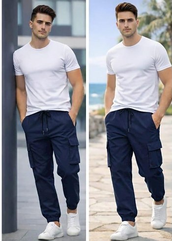 Erkek Lacivert Rahat Kesim Kargo Pantolon - Görsel 5