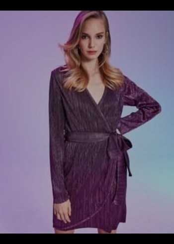 Kadın Mor Midi Uzun Kollu Kuşaklı Bornoz - Görsel 4