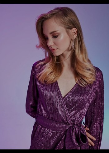 Kadın Mor Midi Uzun Kollu Kuşaklı Bornoz - Görsel 2