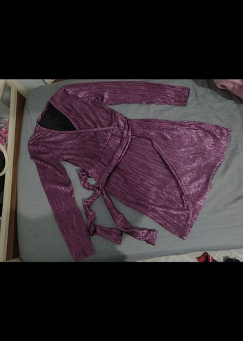 Kadın Mor Midi Uzun Kollu Kuşaklı Bornoz - Görsel 3