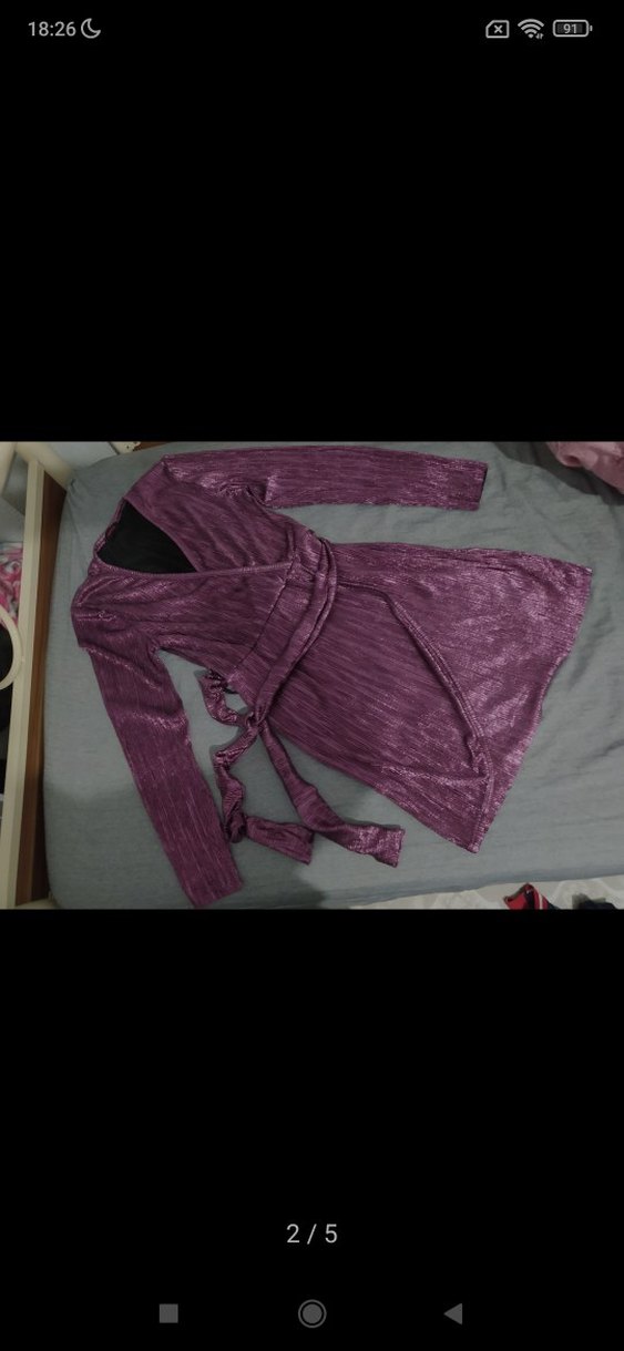 Kadın Mor Midi Uzun Kollu Kuşaklı Bornoz - Görsel 3