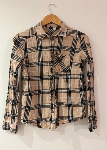 Bej Kareli Uzun Kollu Kadın Gömlek - Görsel 3