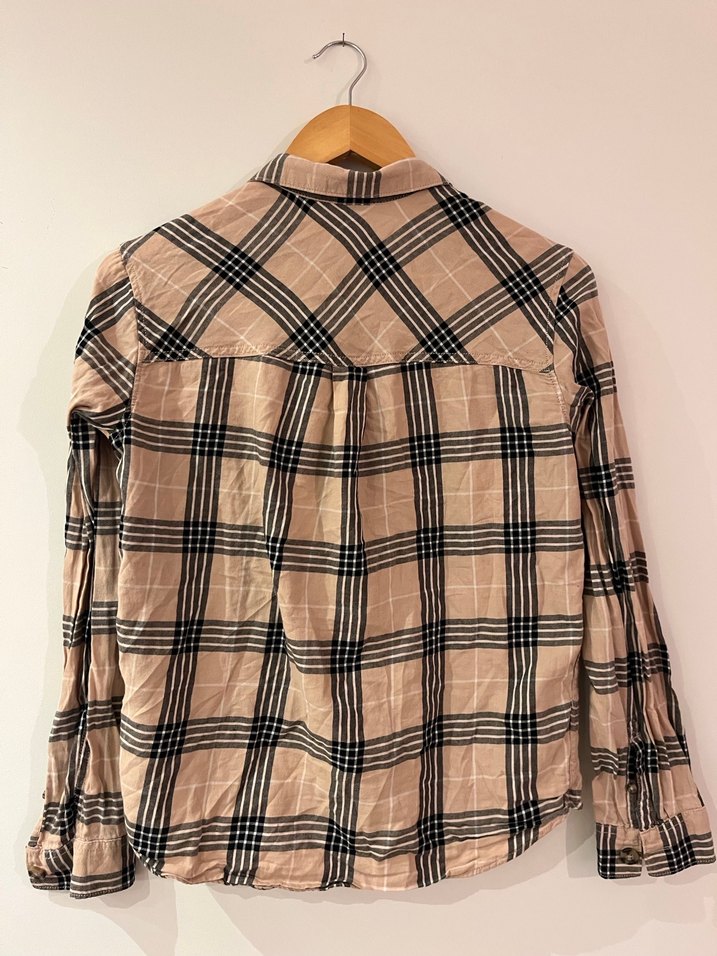 Bej Kareli Uzun Kollu Kadın Gömlek - Görsel 2