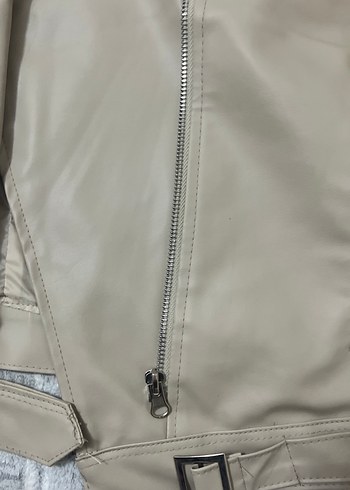 Bej Kadın Deri Ceket, Fermuarlı, Midi Boy - Görsel 5