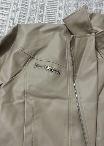 Bej Kadın Deri Ceket, Fermuarlı, Midi Boy - Görsel 3