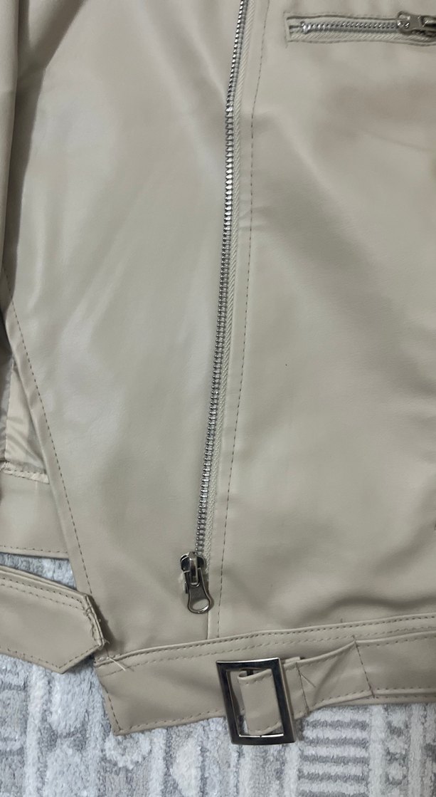 Bej Kadın Deri Ceket, Fermuarlı, Midi Boy - Görsel 5