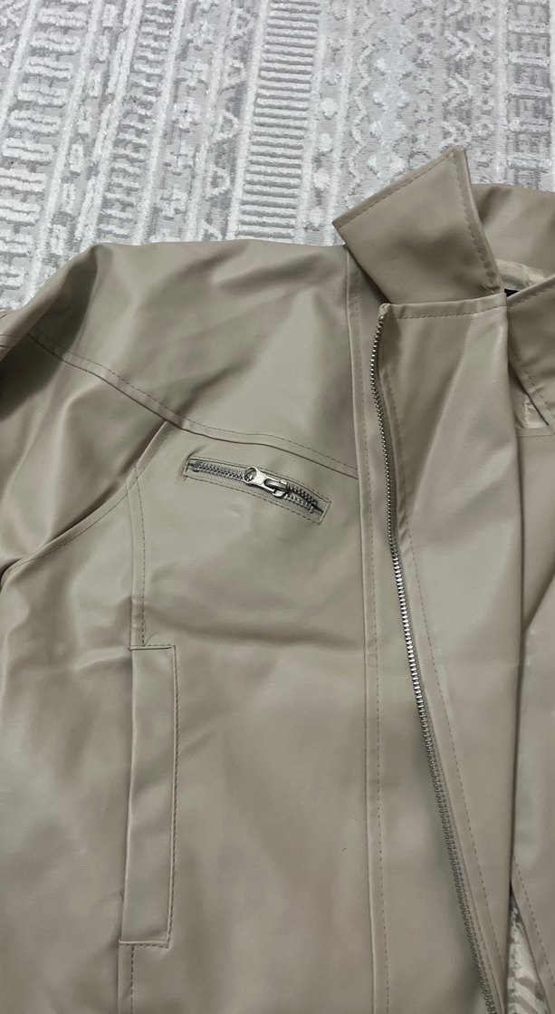 Bej Kadın Deri Ceket, Fermuarlı, Midi Boy - Görsel 3