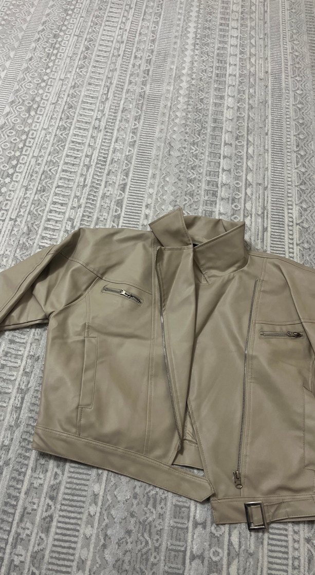 Bej Kadın Deri Ceket, Fermuarlı, Midi Boy - Görsel 2