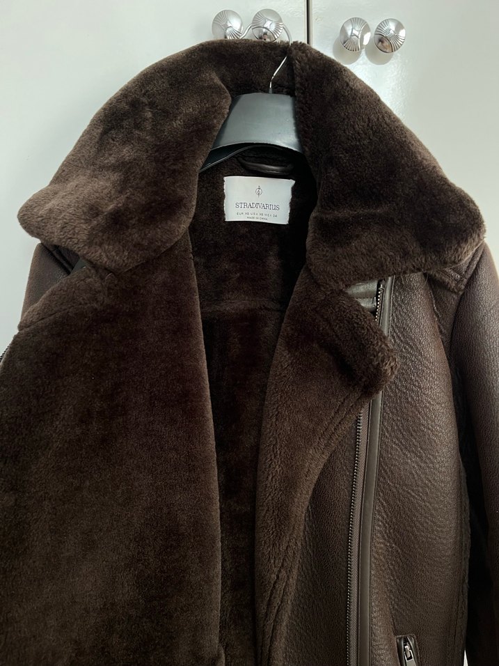 Stradivarius Kahverengi Kürklü Deri Kadın Biker Ceket - Görsel 3