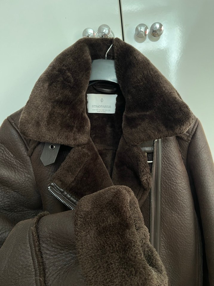 Stradivarius Kahverengi Kürklü Deri Kadın Biker Ceket - Görsel 2