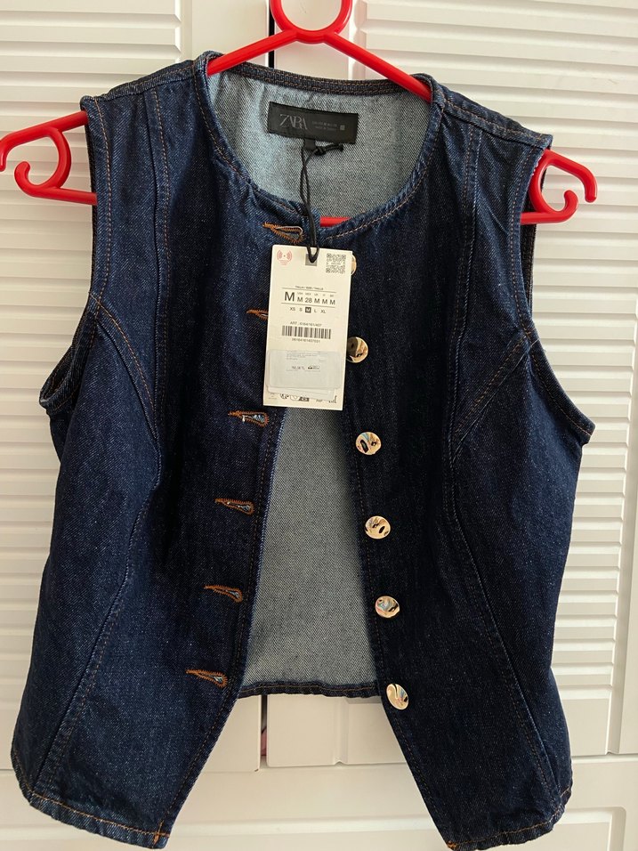 ZARA Düğmeli Lacivert Kot Yelek - Görsel 4