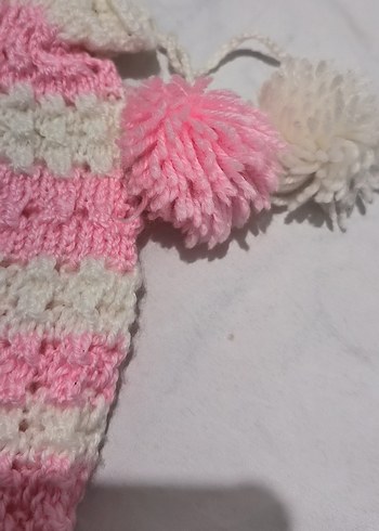 Pembe Beyaz Örgü Bohem Kız Çocuğu Bere - Görsel 3