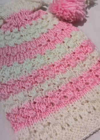 Pembe Beyaz Örgü Bohem Kız Çocuğu Bere - Görsel 2