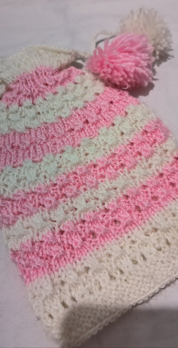 Pembe Beyaz Örgü Bohem Kız Çocuğu Bere - Görsel 2