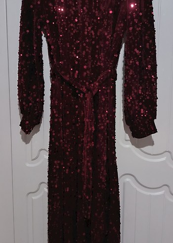 Bordo Payetli Uzun Kollu Bohem Elbise - Görsel 2