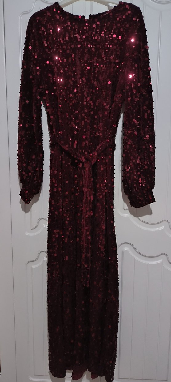 Bordo Payetli Uzun Kollu Bohem Elbise - Görsel 2