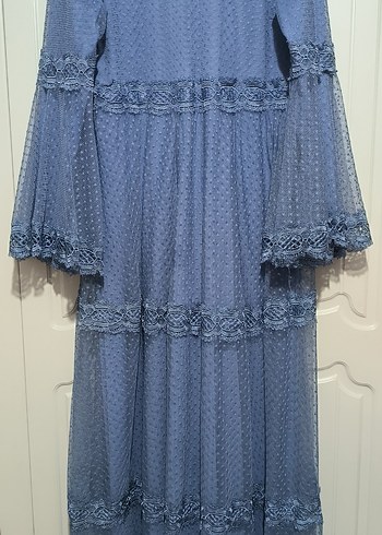 Mavi Nakışlı Uzun Bohem Elbise - Görsel 2