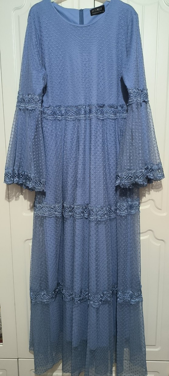 Mavi Nakışlı Uzun Bohem Elbise - Görsel 2